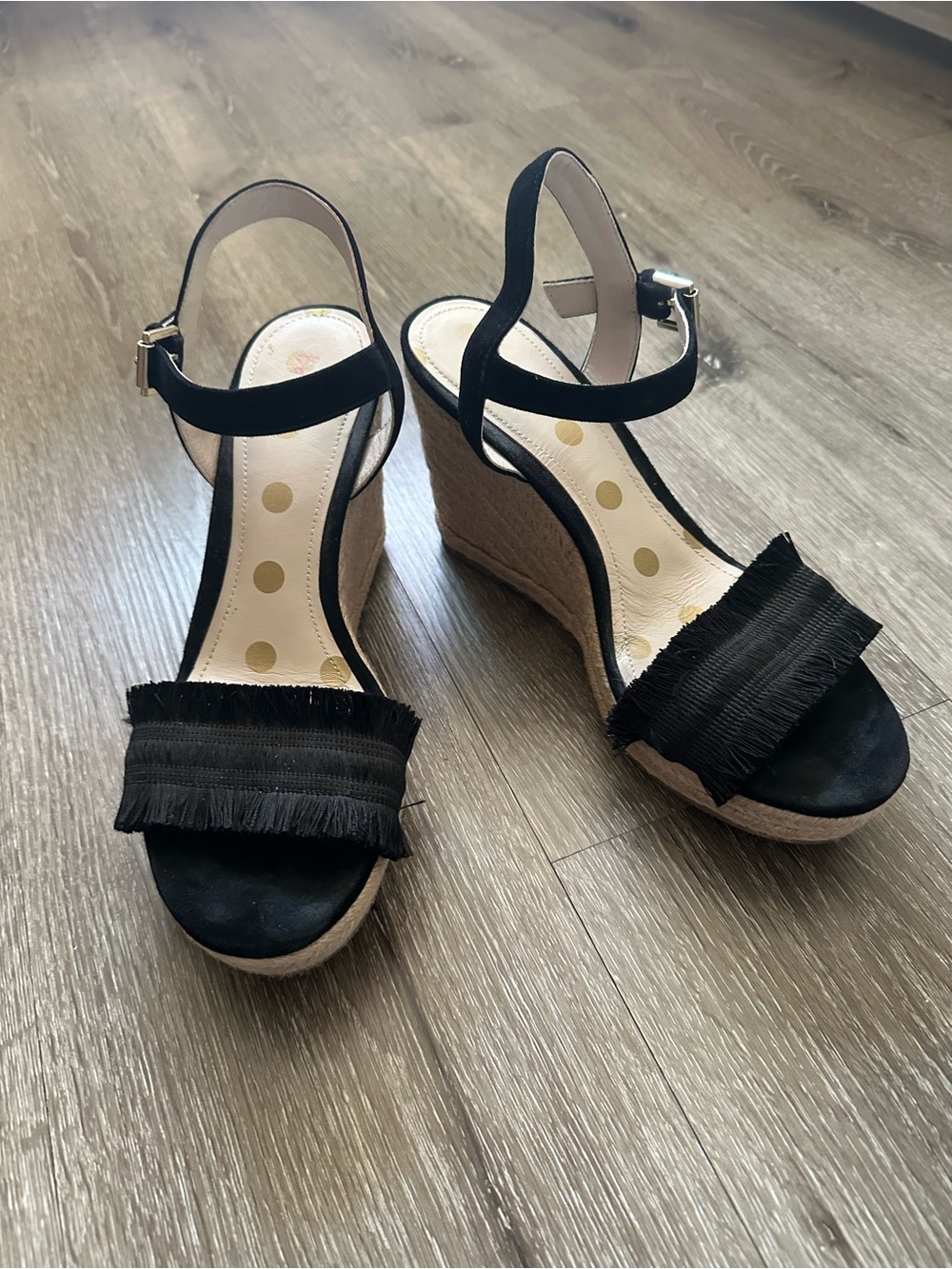 Boden Black Fringe Espadrille Wedges